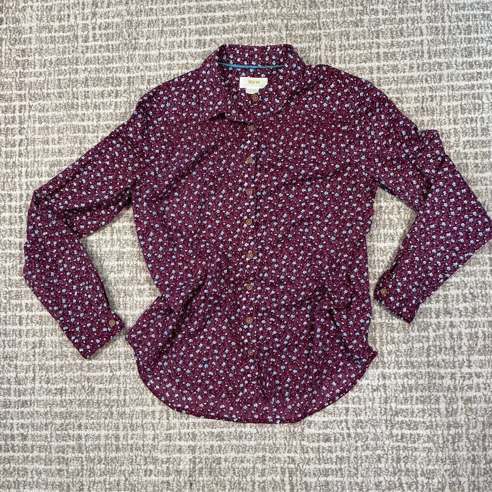 MAEVE ANTHROPOLOGIE Burgundy Floral Button-Up Blouse Sz Sm